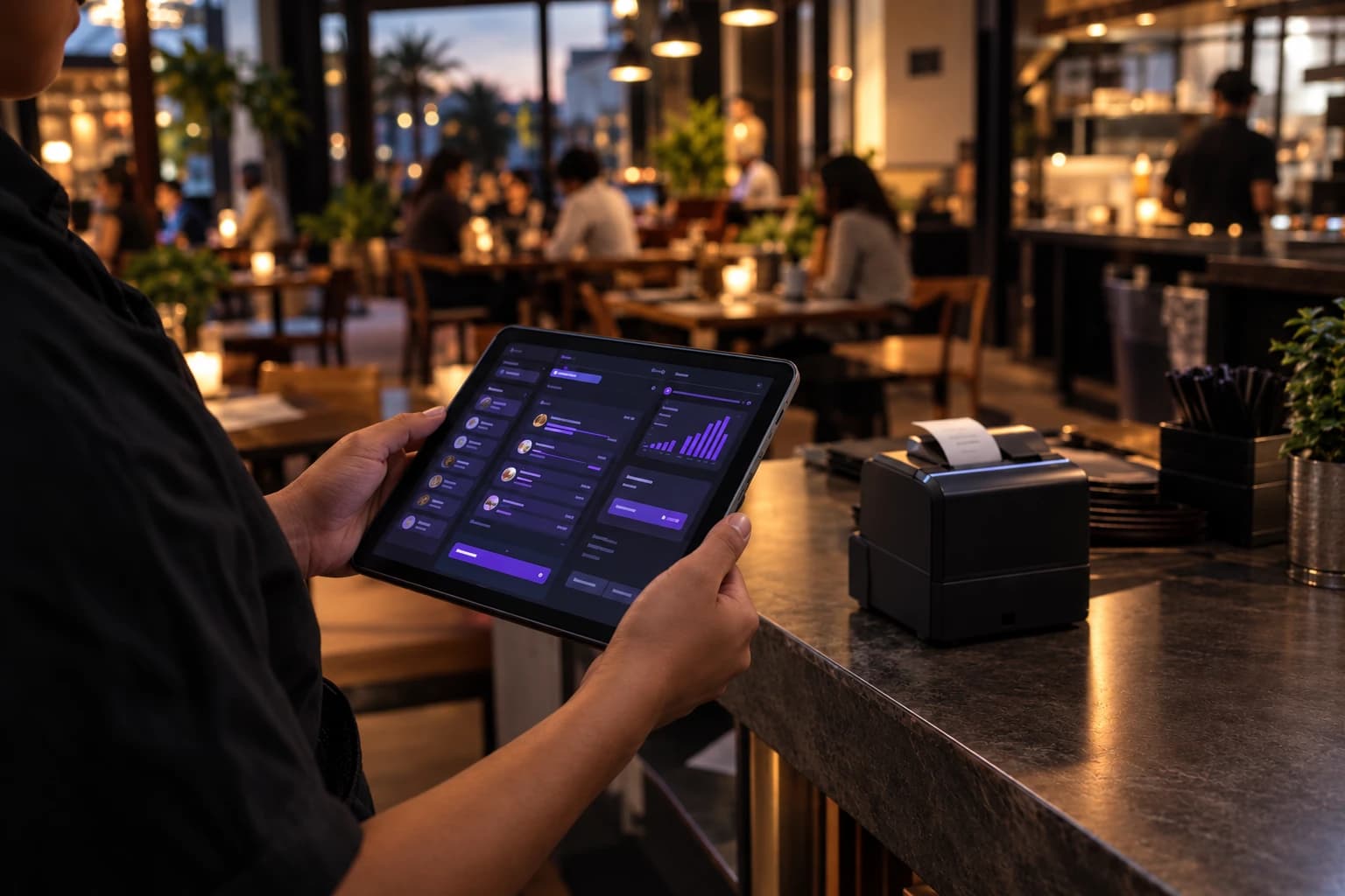 Mesero con una tablet que muestra el punto de venta en un restaurante, junto a la impresora de tickets